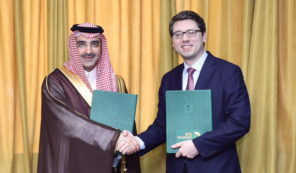 After signing the deal in Kosovo, Sultan Al-Marshad, CEO of the Saudi Fund for Development, poses for a photo with Kosovo's Minister of Finance, Labor and Transfers Hekuran Murati. (Supplied)
