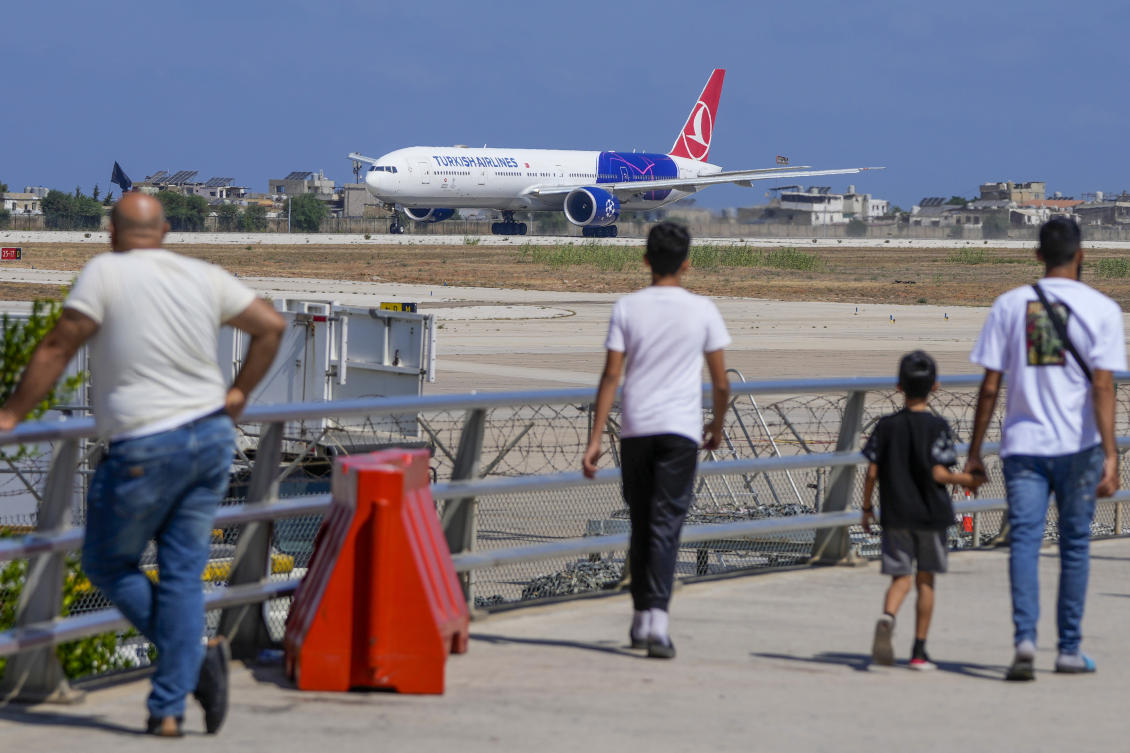 A Turkish Airlines plane takes off from Rafik Hariri International Airport in Beirut on Jul. 30, 2024. (AP)