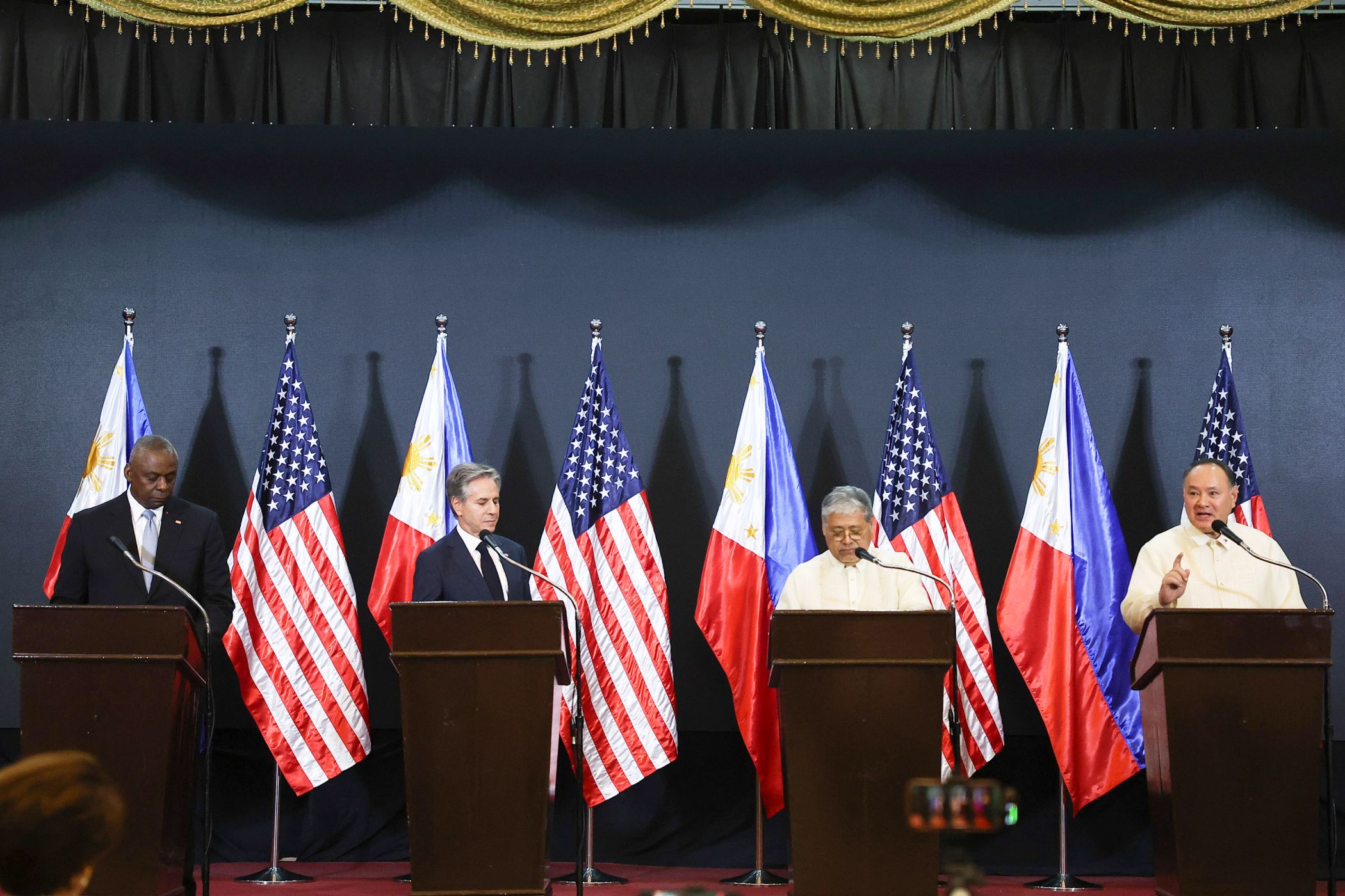 US Defense Secretary Lloyd Austin, from left, Secretary of State Antony Blinken, Philippine Foreign Secretary Enrique Manalo and National Defense Secretary Gilberto Teodoro hold a joint news conference in Manila, Philippines on July 30, 2024. (AP Photo)