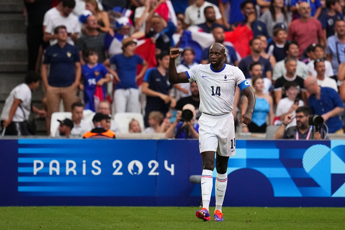 France's Jean-Philippe Mateta celebrates after scoring his side's first goal, during the men's Group A soccer match between New Zealand and France at the Velodrome stadium, during the 2024 Summer Olympics, Tuesday in Marseille. (AP)
