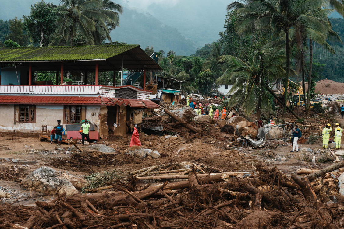 Rescuers on their second day of mission following Tuesday’s landslides work next to a damaged house at Chooralmala, Wayanad district, Kerala state, India, Wednesday, July 31, 2024. (AP)
