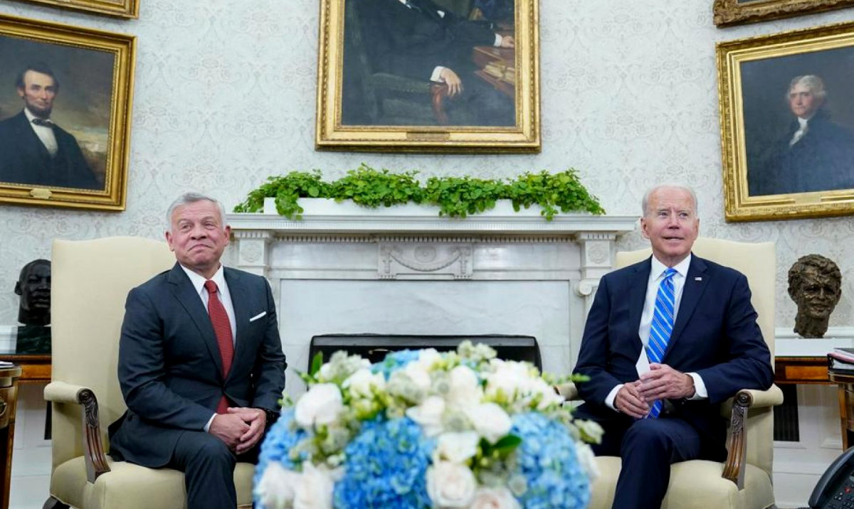 President Joe Biden, right, meets with Jordan’s King Abdullah II, left, in the Oval Office of White House in Washington. (AP)