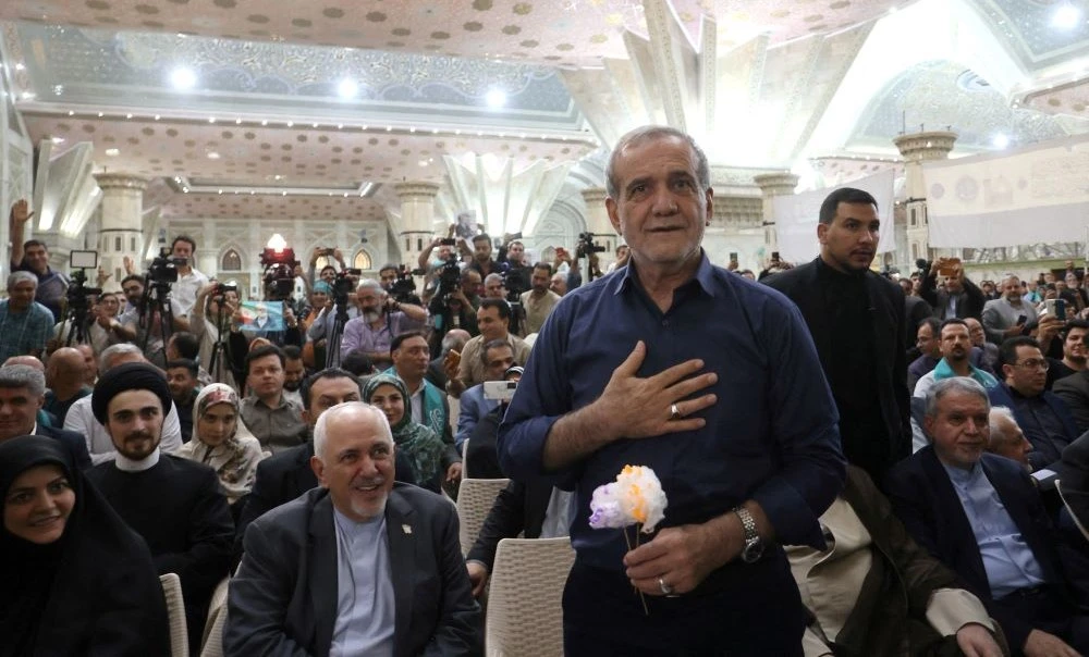 Masoud Pezeshkian attends a gathering at the shrine of Ayatollah Ruhollah Khomeini, Tehran, Iran, July 6, 2024. (Reuters)