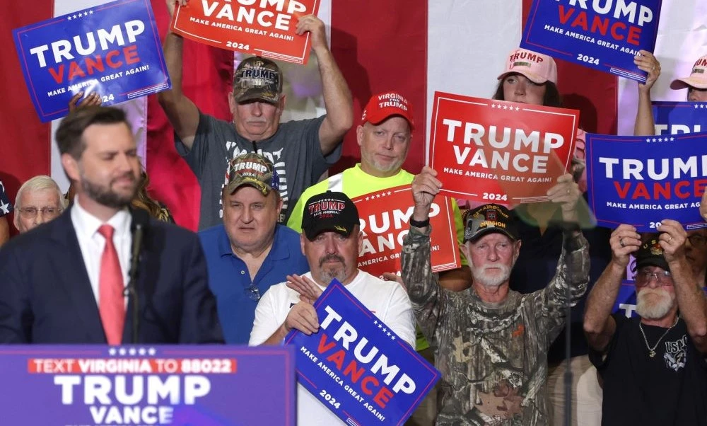 Supporters attend a campaign rally for US Sen. J.D. Vance (R-OH) at Radford University, Virginia, July 22, 2024. (AFP)