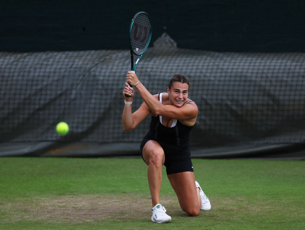 Above, Belarus’ Aryna Sabalenka during a practice session for the Wimbledon. The two-time Australian Open champion withdrew from Wimbledon because of an injured shoulder. (Reuters)