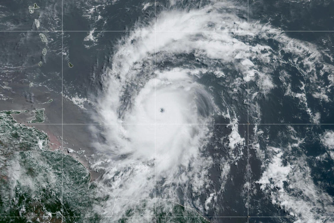Hurricane Beryl makes its way to the Caribbean’s Windward Islands, in a composite image from the National Oceanic and Atmospheric Administration (NOAA) GOES-East weather satellite June 30, 2024. (REUTERS)