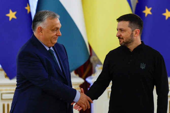 Hungary’s Prime Minister Viktor Orban, left, and Ukrainian President Volodymyr Zelensky meet in Kyiv on July 2, 2024. (Reuters)