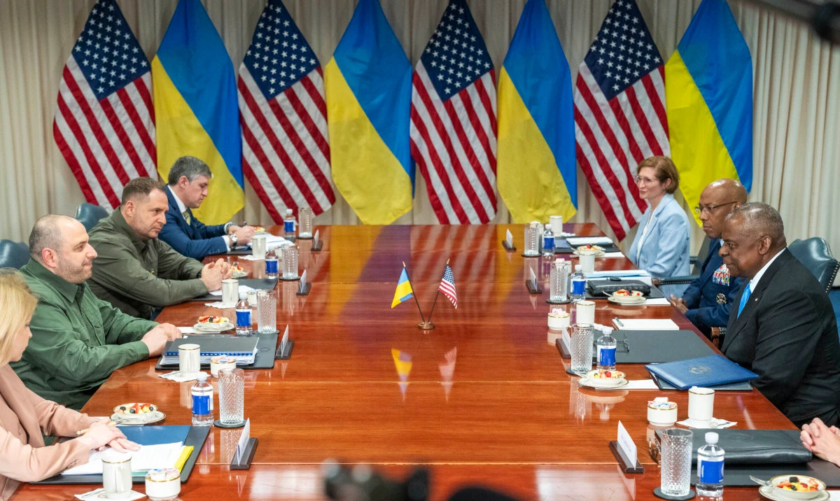 Defense Secretary Lloyd Austin, at right, with Ukraine's Defense Minister Rustem Umerov, across table at left, at the Pentagon, Tuesday, July 2, 2024, in Washington. (AP)