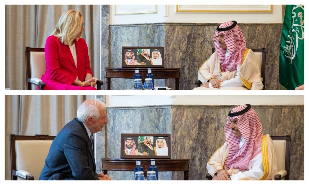 Saudi Foreign Minister Prince Faisal bin Farhan meets with Sigrid Kaag (top) and Josep Borrell (bottom) in Madrid on Thursday. (SPA)