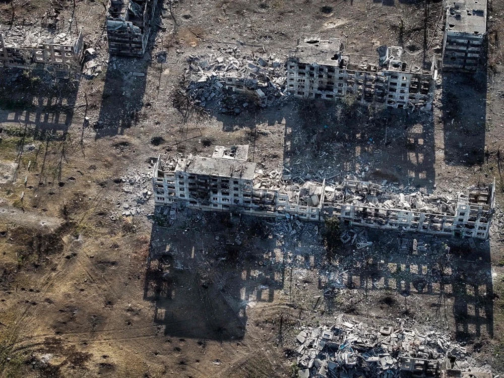 An aerial view of the destroyed Novyy district in the town of Chasiv Yar, Donetsk region. (24th Mechanized Brigade of Ukrainian Armed Forces/AFP)