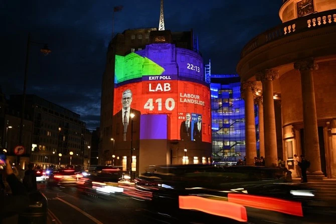 An exit poll predicting that the Labour Party led by Keir Starmer will win 410 seats in Britain's general election is projected onto BBC Broadcasting House in London on July 4, 2024. (AFP)