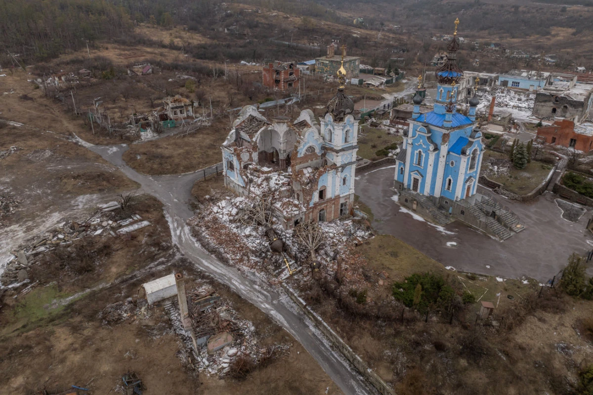 Aerial photograph showing destruction in the village of Bohorodychne in Ukraine's Donetsk region on January 27, 2024, which came under heavy attack by Russian forces in June 2022. (AFP/File)