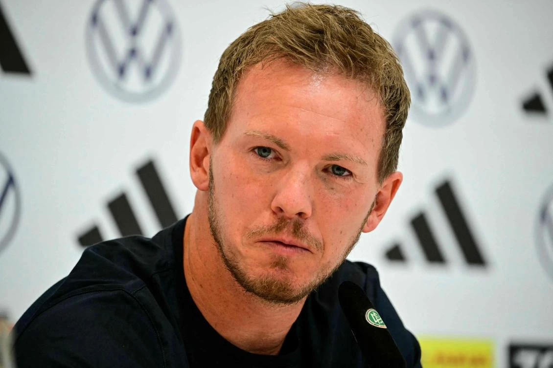 Germany's head coach Julian Nagelsmann gives a press conference at the team's base camp in Herzogenaurach on Jul. 6, 2024 a day after their defeat against Spain during the quarter-finals of the Euro 2024 football competition. (AFP)