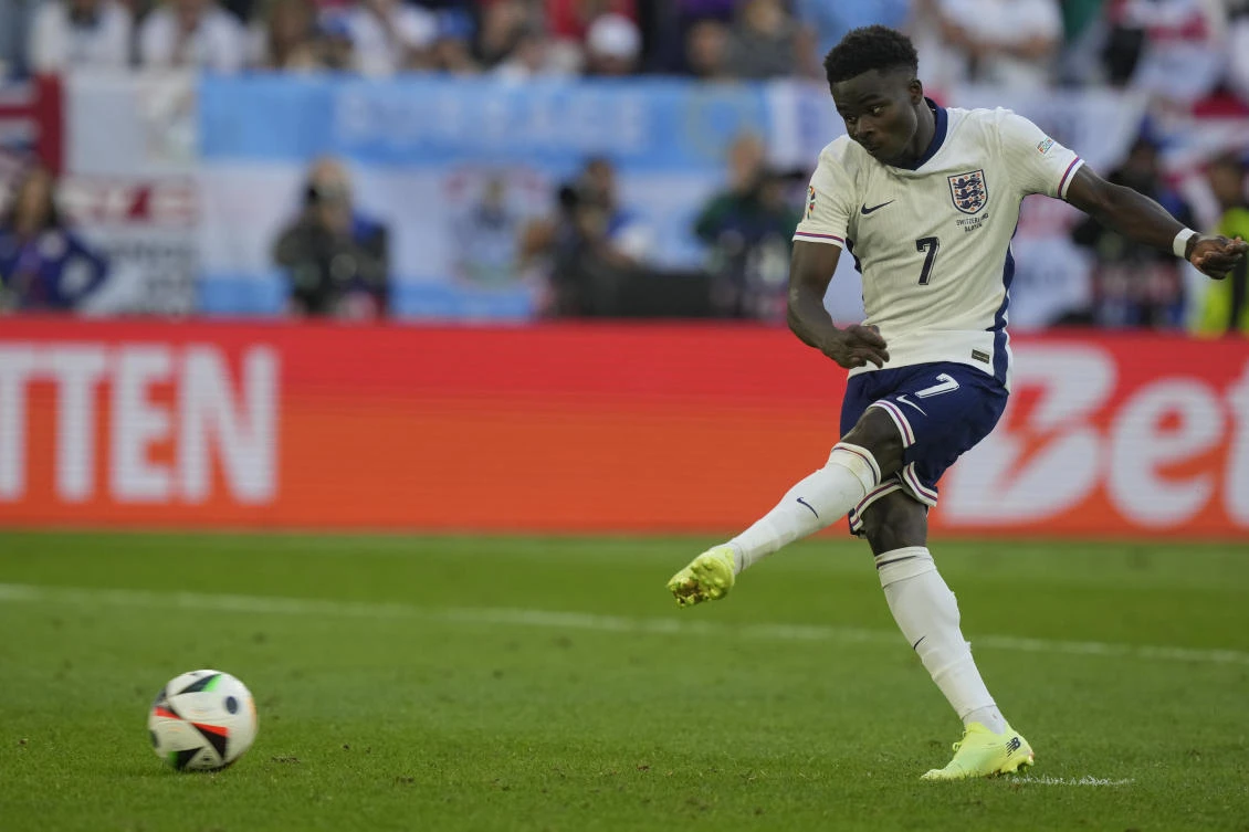 Saka was one of the five England players to score in the shootout win over Switzerland in the Euro 2024 quarterfinal on Saturday. (AP)