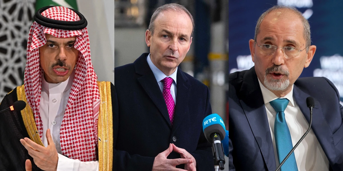 Jordan’s Foreign Minister Ayman Safadi, Saudi Foreign Minister Prince Faisal bin Farhan, Irish Foreign Minister Michael Martin. (File/AFP)