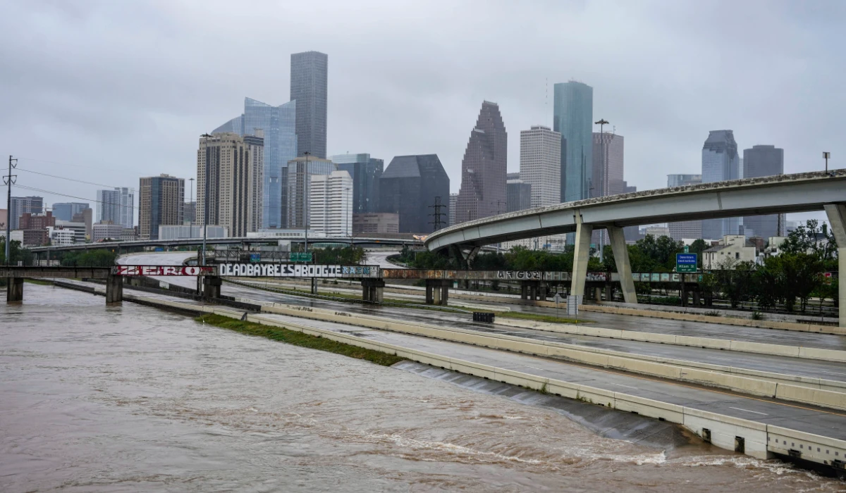 Floodwaters rise next to the I-10 freeway just after Hurricane Beryl made landfall, Monday, July 8, 2024, in Houston. (AP)