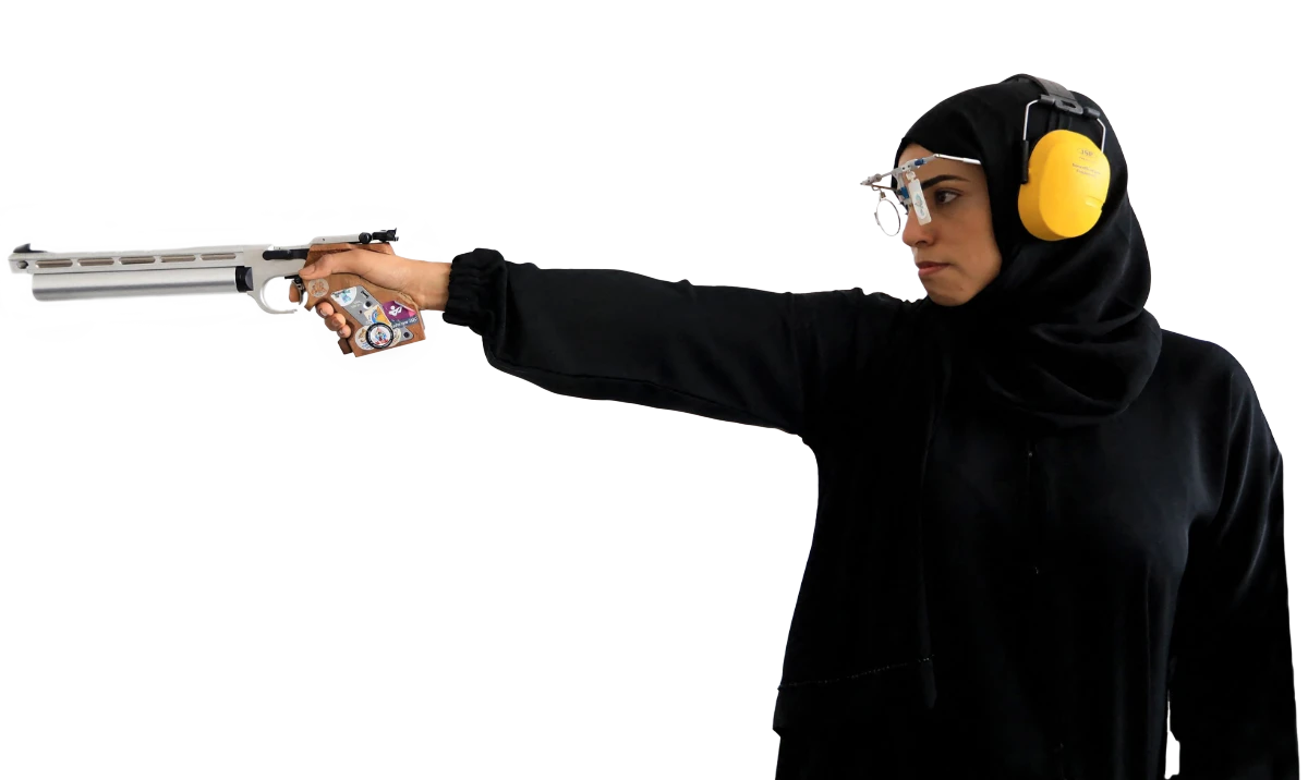 Yemeni air pistol Olympic athlete Yasameen Al-Raimi during a training session in Sanaa on July 2, 2024, before participating at the upcoming Paris Olympics. (AFP)