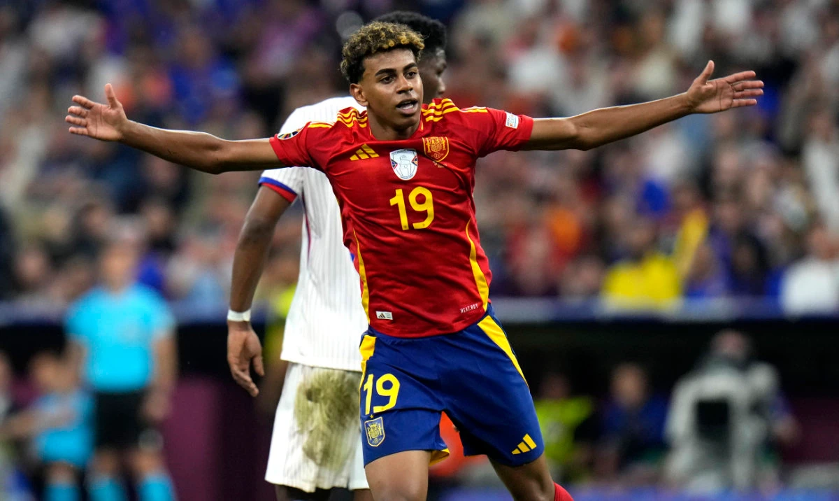 Spain's Lamine Yamal reacts during a semifinal match between Spain and France at the Euro 2024 soccer tournament in Munich, Germany, Tuesday, July 9, 2024. (AP)
