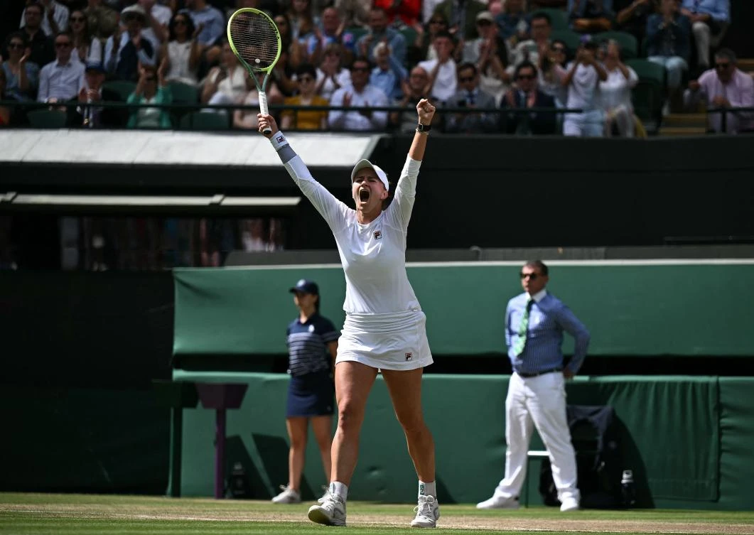 Czech Republic's Barbora Krejcikova celebrates winning against Latvia's Jelena Ostapenko during their women's singles quarter-finals tennis match on the tenth day of the 2024 Wimbledon Championships at The All England Lawn Tennis and Croquet Club in Wimbledon on Jul. 10, 2024. (AFP)
