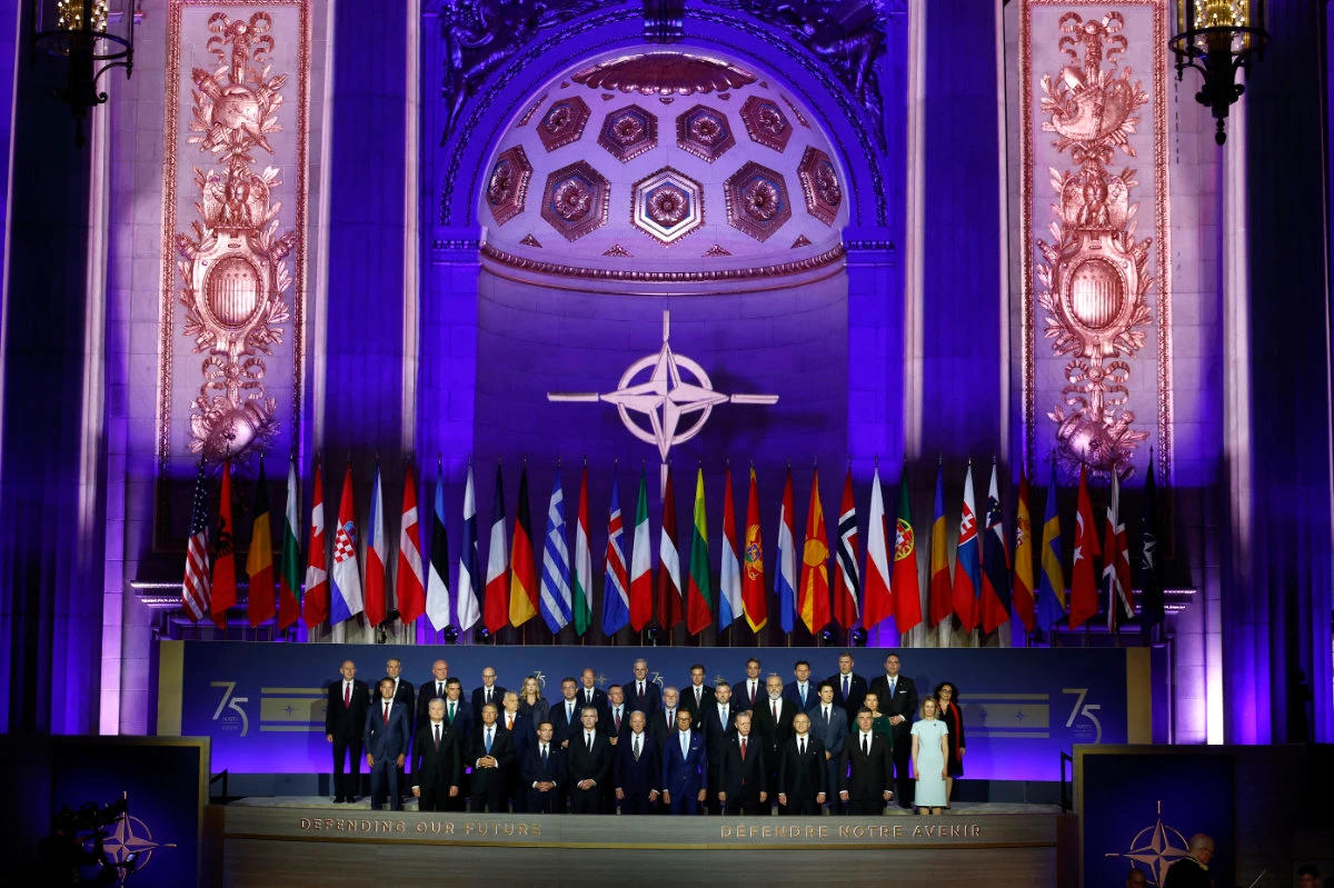 Heads of state pose for a group photo during the NATO 75th anniversary celebratory event at the Andrew Mellon Auditorium on July 9, 2024 in Washington, DC. (Getty Images via AFP)