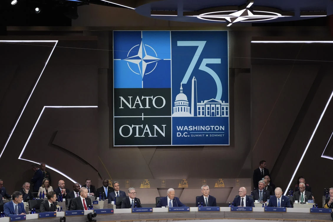 US president Joe Biden speaks during the opening session of the NATO summit on July 10, 2024 in Washington. (AP)