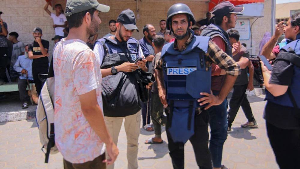 Palestinian journalists at Al-Aqsa Martyrs Hospital, Deir Al-Balah, during an Israeli attack in Gaza, June 8, 2024. (Getty Images)