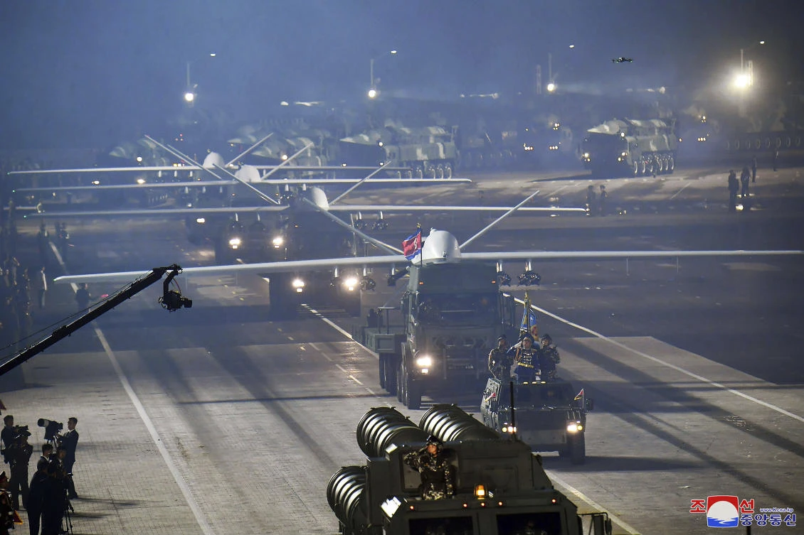 Above, attack drones on display during a military parade to mark the 70th anniversary of the armistice that halted fighting in the 1950-53 Korean War, on Kim Il Sung Square in Pyongyang, North Korea on July 27, 2023. (KCNA/KNS via AP)