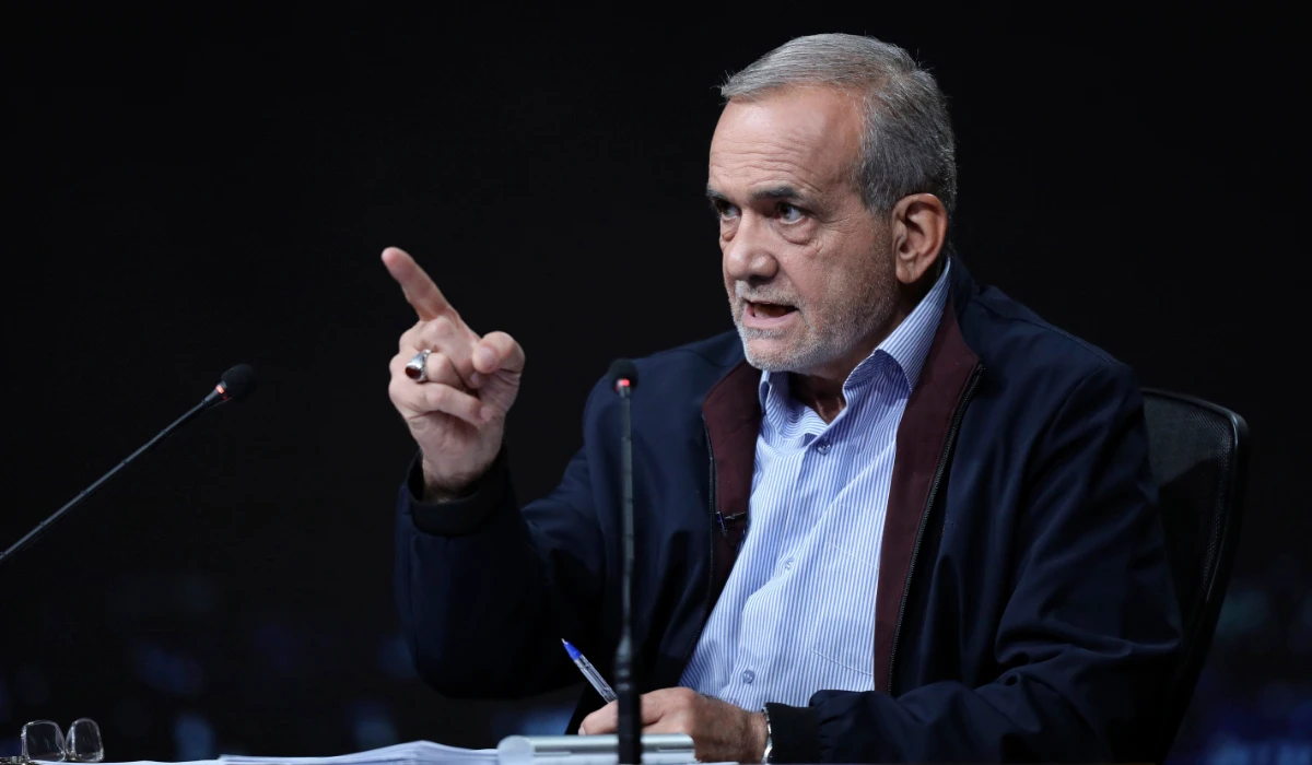 In this picture made available by Iranian state-run TV, IRIB, reformist candidate for the presidential election Masoud Pezeshkian speaks during a debate with hard-line candidate Saeed Jalili at the TV studio in Tehran, Iran, Monday, July 1, 2024. (AP)