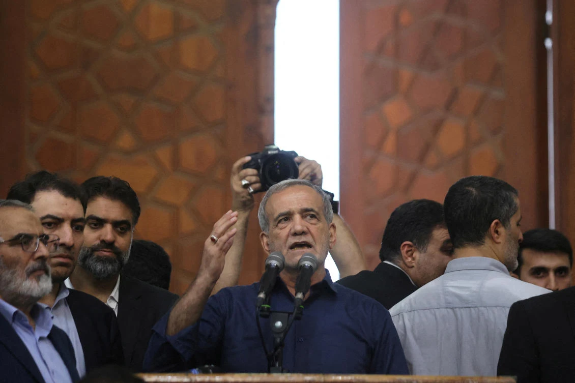 FILE PHOTO: Iran’s President-elect Masoud Pezeshkian speaks during a gathering with his supporters at the shrine of Iran’s late leader Ayatollah Ruhollah Khomeini, in south of Tehran, Iran July 6, 2024.(Reuters)