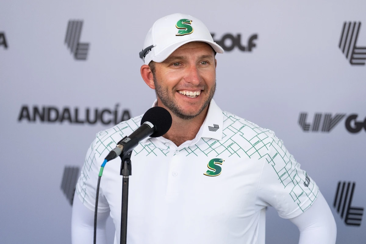 Dean Burmester of Stinger GC smiles during a press conference after the first round of LIV Golf Andalucía at Real Club Valderrama on Friday. (Mateo Villalba/LIV Golf)