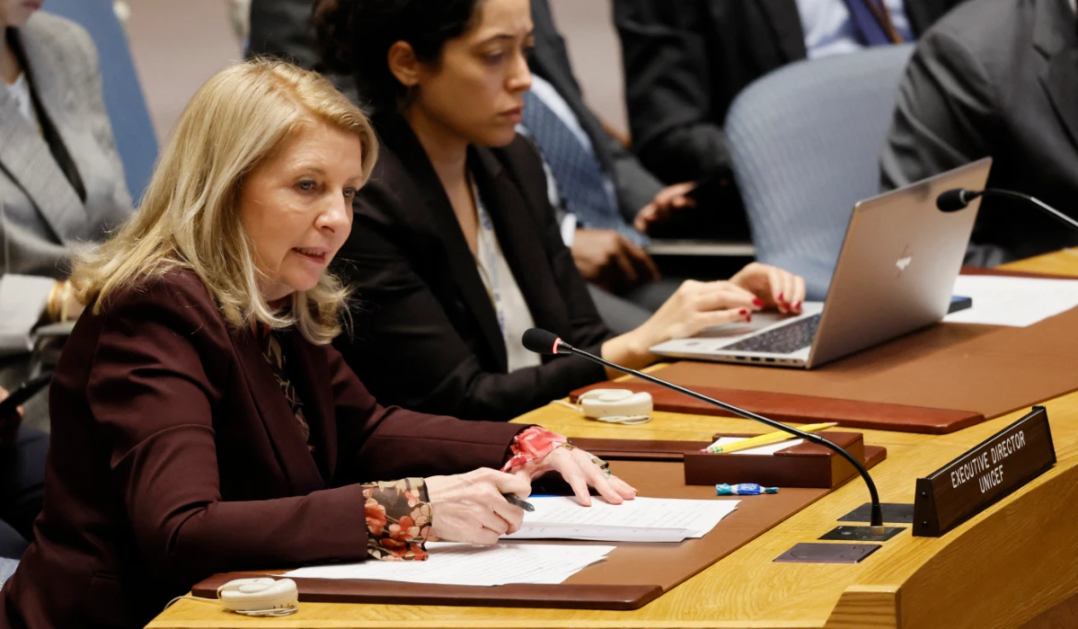 Executive Director of UNICEF Catherine Russell speaks during a Security Council meeting on the Israel-Hamas war at United Nations headquarters on October 30, 2023 in New York City. (AFP)