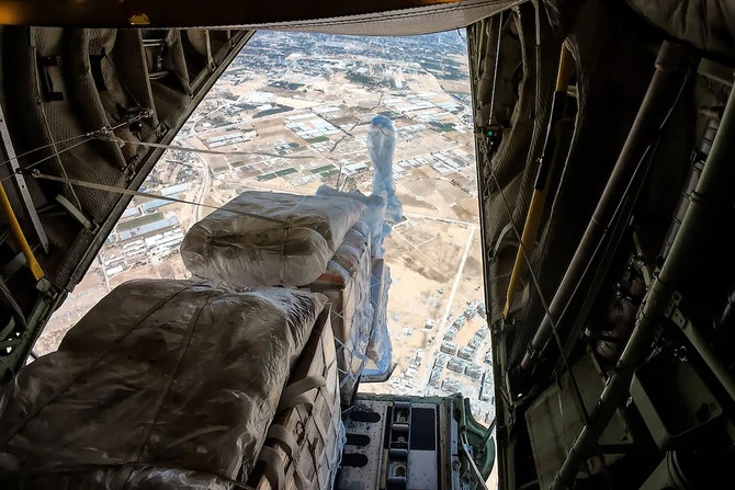 This handout picture released by the Jordanian army shows humanitarian aid being airdropped from a military aircraft over the Gaza Strip on May 30, 2024. (File/AFP)