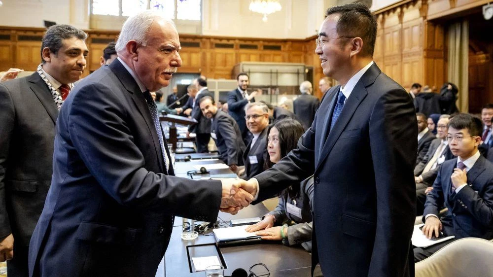 Palestinian FM Riyad Al-Maliki shakes hands with Ma Xinmin, China’s foreign ministry legal adviser, during a hearing at the International Court of Justice in The Hague, Feb. 22, 2024 (AFP)