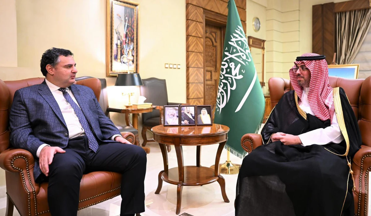 Prince Saud bin Abdullah bin Jalawi holds talks with Nikoloz Revazishvili in Jeddah. (Supplied)