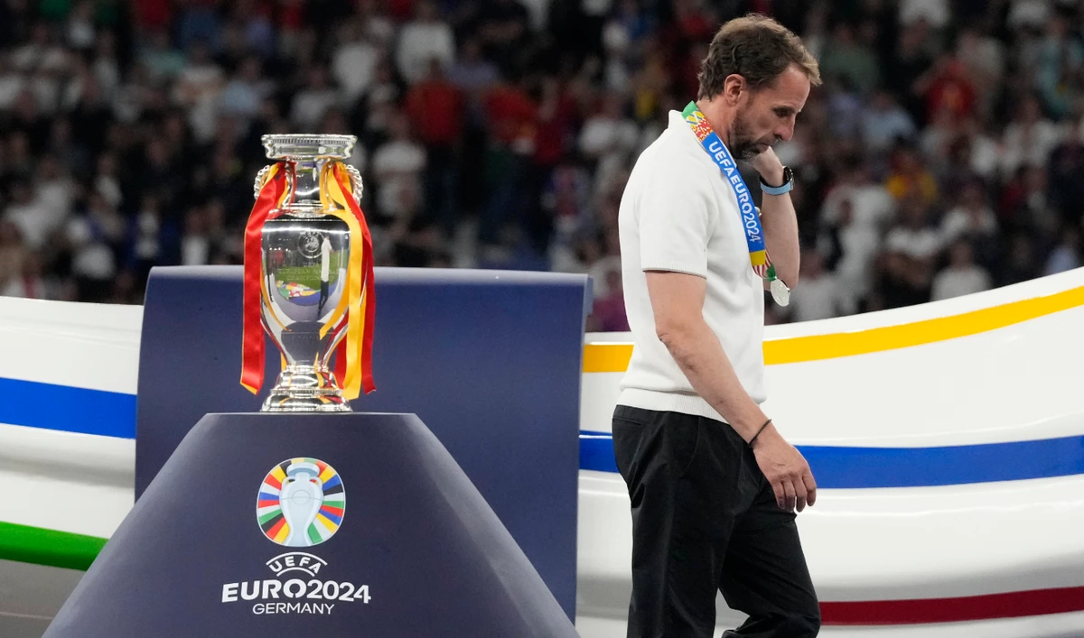 England's manager Gareth Southgate at the end of the final match between Spain and England at the Euro 2024 soccer tournament in Berlin Sunday. Spain won 2-1. Southgate announces Tuesday he will step down as England manager. (AP)