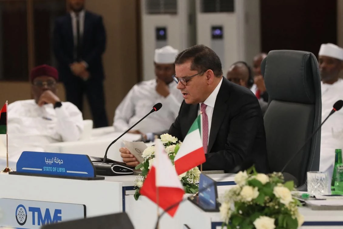 Libya's interim Prime Minister Abdulhamid Dbeibah addresses the Trans-Mediterranean Migration Forum in Tripoli on July 17, 2024. (AFP)