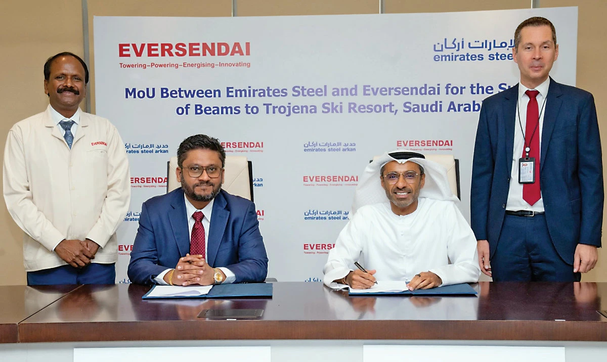 Seated from left, Narishnath Nathan, deputy group managing director of Eversendai, and Saeed Alghafri, CEO of Emirates Steel, at the signing ceremony.