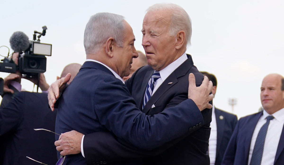 President Joe Biden is greeted by Israeli Prime Minister Benjamin Netanyahu after arriving at Ben Gurion International Airport, Oct. 18, 2023, in Tel Aviv. (AP file photo)