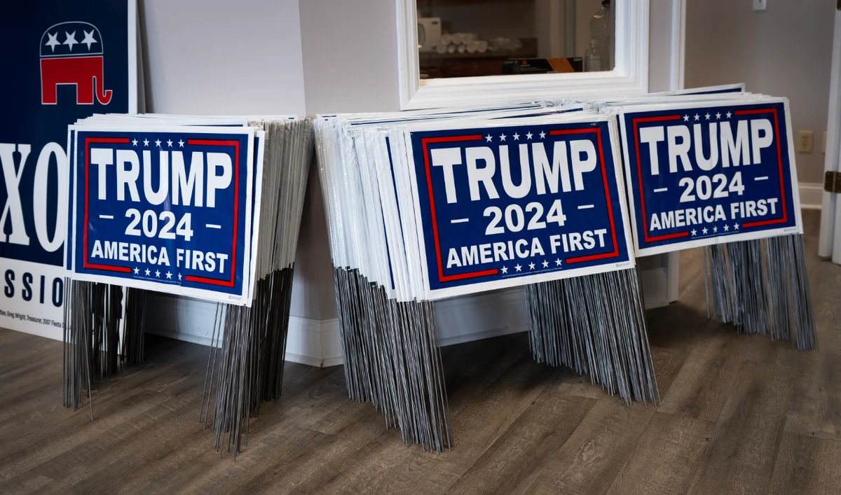 Campaign signs are stacked against the wall in the Butler County Republican Party headquarters on July 23, 2024 in Middletown, Ohio. (AFP)