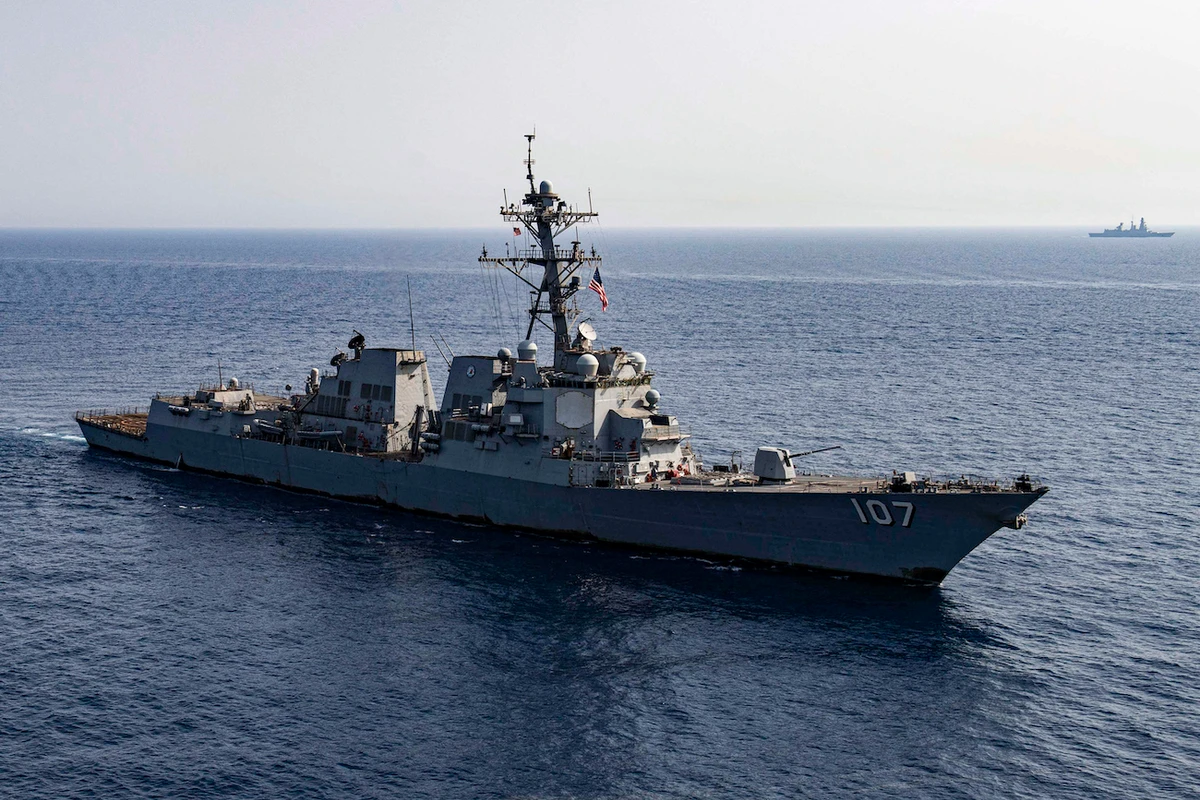 US Navy Arleigh Burke-class guided-missile destroyer USS Gravely (DDG 107) sails in formation with the FS Forbin (D 620) in the Red Sea. (File/AFP)