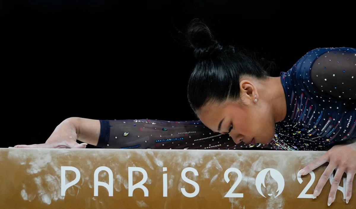 Suni Lee of the US practices during a gymnastics training session at Bercy Arena at the 2024 Summer Olympics Thursday in Paris. (AP)