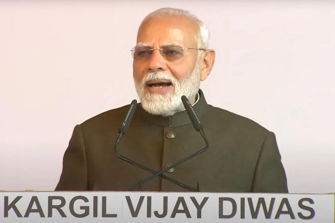 Indian Prime Minister Narendra Modi’s comments come at an event to mark the 25th anniversary of India’s short military conflict with Pakistan in the Himalayan region of Kargil. (Narendra Modi Youtube Channel/AFP)