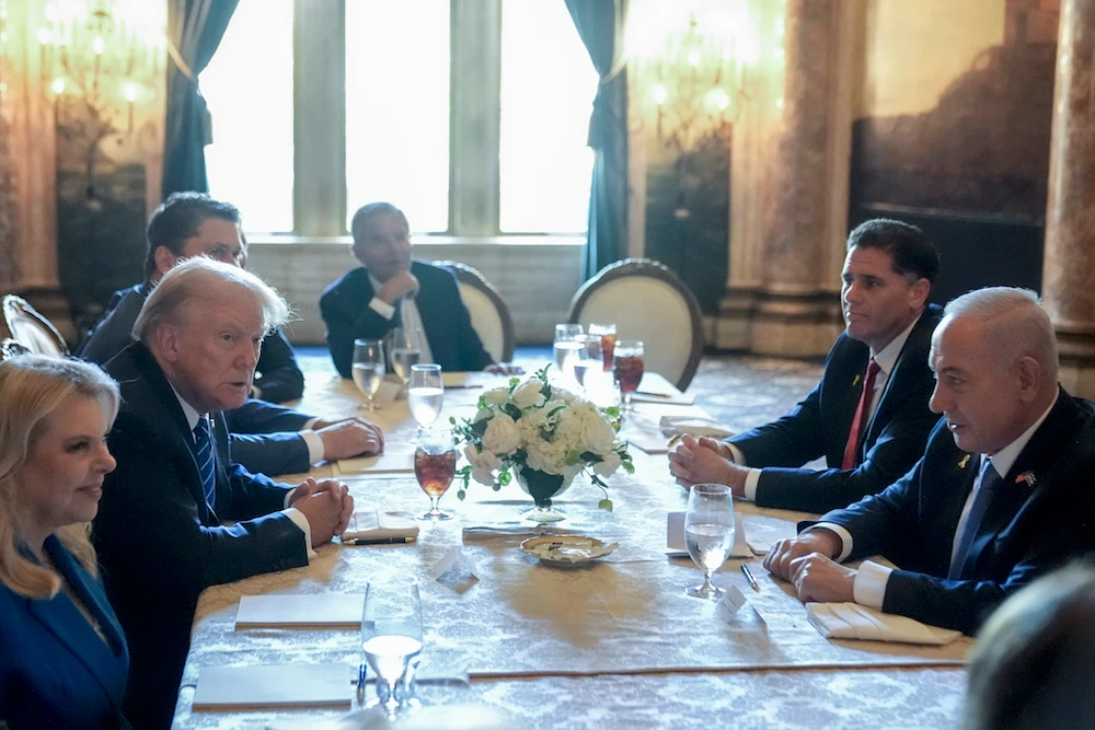 Republican presidential candidate former President Donald Trump meets with Israeli Prime Minister Benjamin Netanyahu at his Mar-a-Lago estate, Friday, July 26, 2024. (AP)
