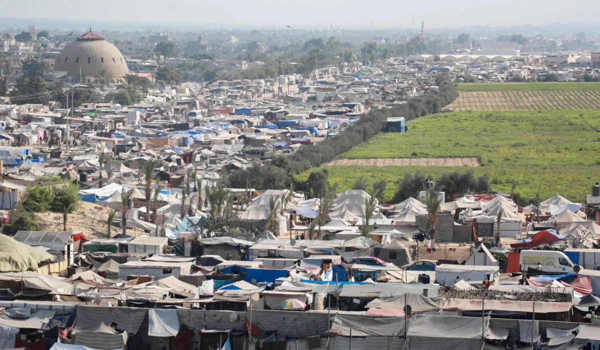 Tents sheltering displaced Palestinians crowd an area in Khan Yunis, in the southern Gaza Strip, on July 24, 2024, amid the ongoing conflict between Israel and the Palestinian militant group Hamas. (AFP)