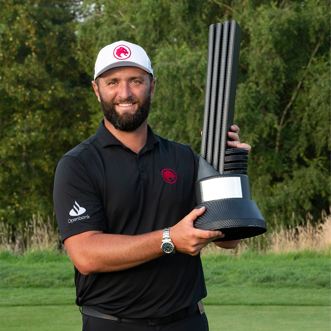 Jon Rahm celebrates with his first-ever LIV Golf trophy after winning the LIV Golf tournament in Rocester, England, on Sunday. (X: @livgolf_league)