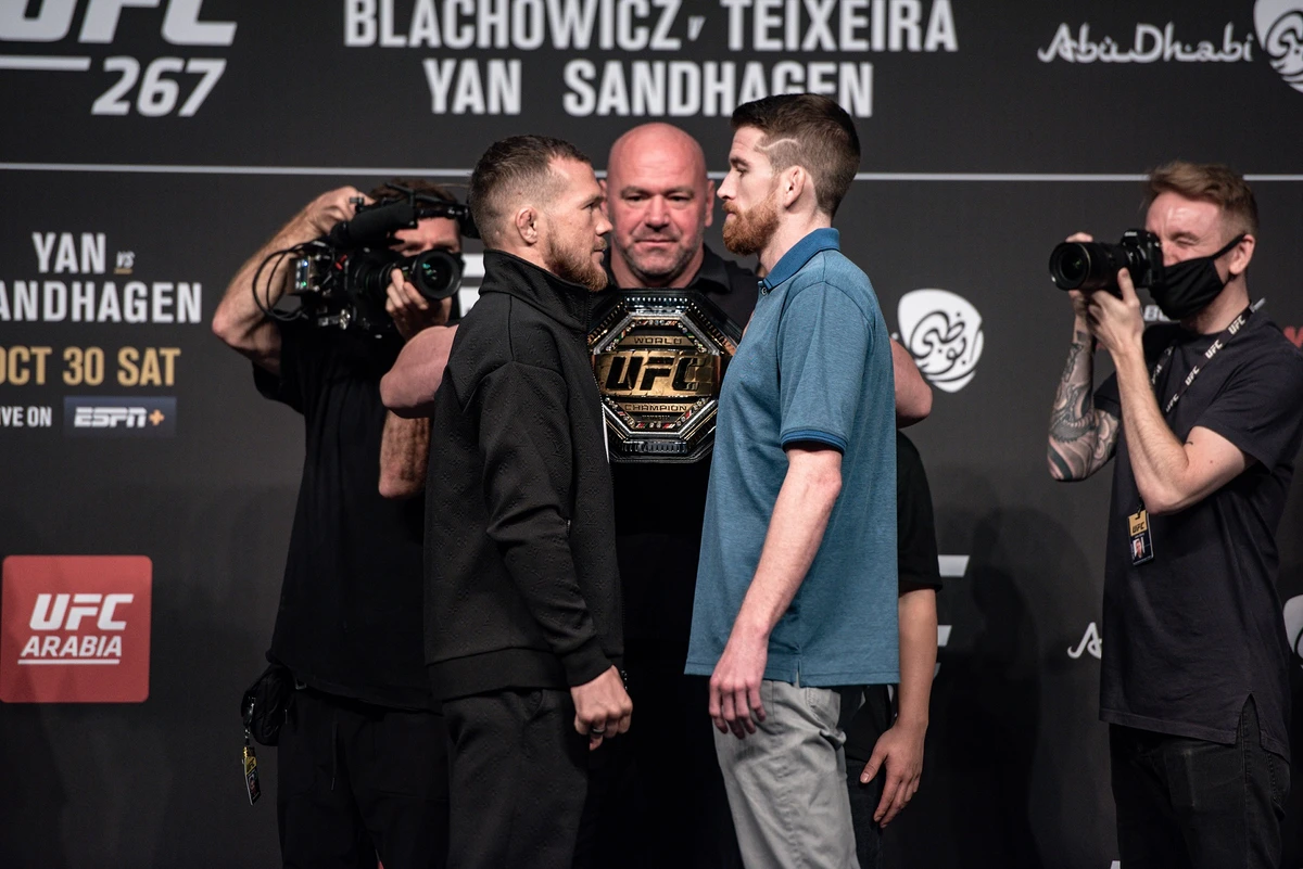 Cory Sandhagen (right) fought Petr Yan at UFC 267 on his last visit to Abu Dhabi in 2021. (UFC)