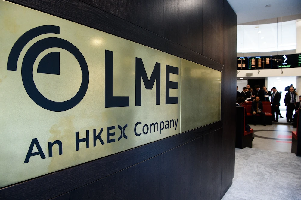A sign for the London Metal Exchange on a wall by the open trading floor of the LME following its relocation in central London. File/AFP