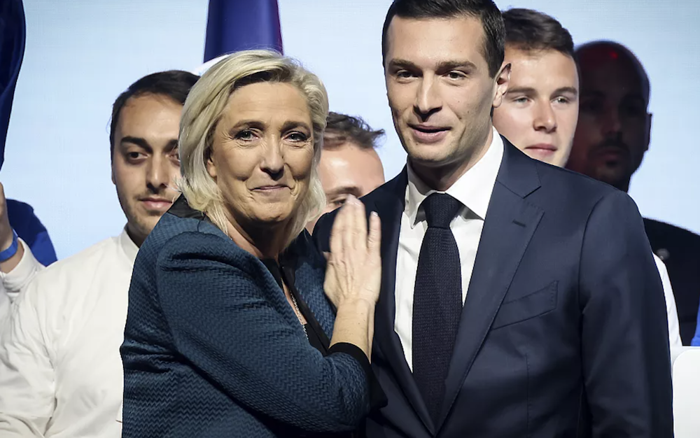 Jordan Bardella (R) of National Rally with leader Marine Le Pen (L). (AP)