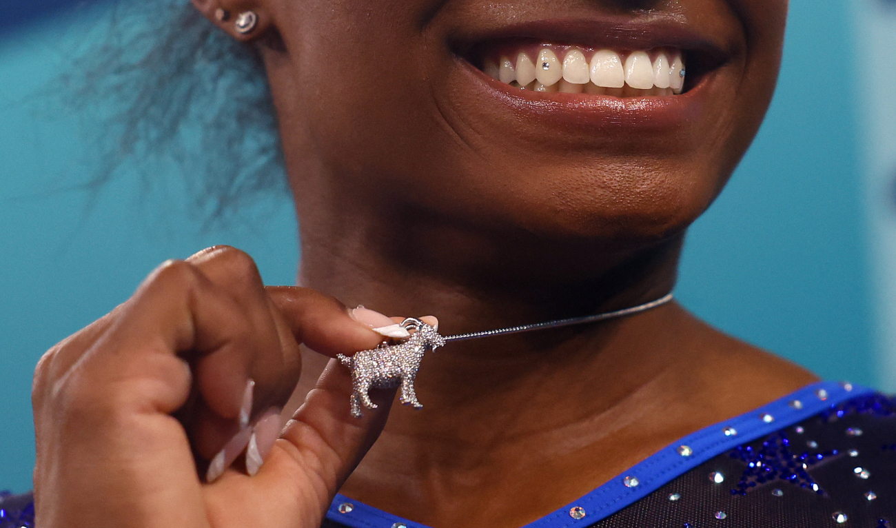 General view of a goat necklace worn by Simone Biles of the US after winning the gold medal in the women’s all-around final in the Paris Olympics gymnastics competition on Thursday. (Reuters)