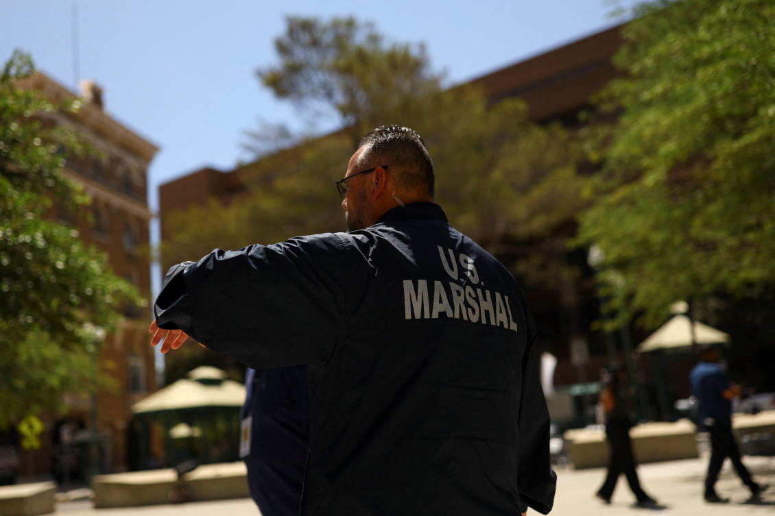 A US Marshal stands outside the federal court where alleged drug kingpin Ismael “El Mayo” Zambada, co-founder of Mexico’s Sinaloa drug cartel, is due to appear in court in El Paso, Texas on Aug. 1, 2024. (Reuters)